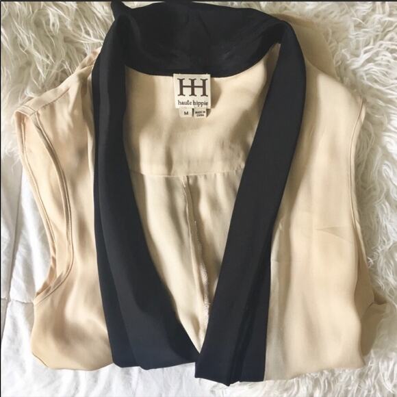 Haute Hippie Cream Black Silk Tank Tuxedo Vest Top Draped VNeck Button Blouse M - Picture 8 of 8